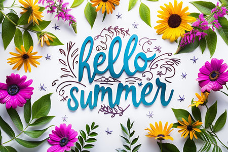 Bright and cheerful 'Hello Summer' lettering surrounded by colorful flowers and fresh green leaves, perfect for seasonal celebrations.の素材