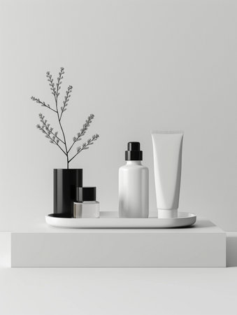 A minimalist arrangement of cosmetic bottles and a decorative branch on a white tray, presented on a clean white pedestal against a light grey background.の素材