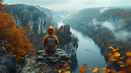 A solitary figure in a yellow hooded jacket gazes over a misty river valley during fall foliage, viewed from a high rocky precipice.の素材