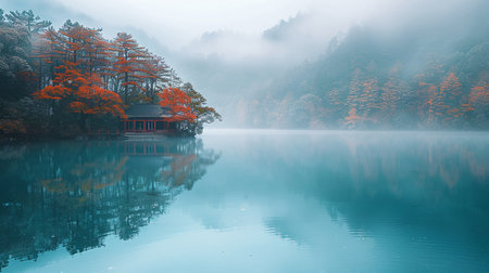 Serene autumn landscape featuring a tranquil lake, misty mountains, vibrant red foliage, and a reflection of a traditional pavilion.の素材