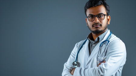 A young Indian doctor with glasses and a stethoscope stands confidently in a white lab coat against a grey background.の素材