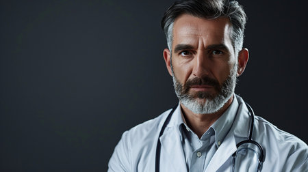 Close-up portrait of a distinguished, middle-aged male doctor in medical attire, exuding professionalism and expertise. Studio shot with a gray background.の素材