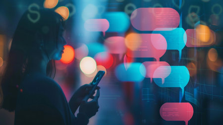 A woman's silhouette is seen texting on her phone against a backdrop of colorful bokeh lights and digital chat bubbles, representing communication.の素材