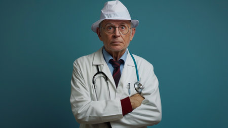 An experienced elderly doctor in a white hat and lab coat with a stethoscope stands with his arms crossed, looking seriously at the camera in a studio setting.の素材