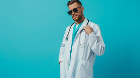 A confident male doctor wearing a white lab coat, blue scrubs, sunglasses, and a stethoscope, posing against a solid turquoise background.の素材
