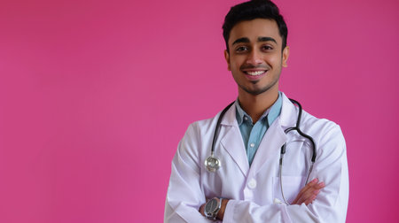 A confident young male doctor in a lab coat and stethoscope, arms crossed, smiling warmly at the camera on a vibrant pink backdrop.の素材