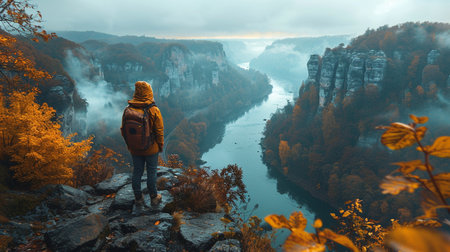 A lone traveler on a rocky cliff overlooks a wide river flowing through a misty, mountainous landscape with vibrant fall colors.の素材