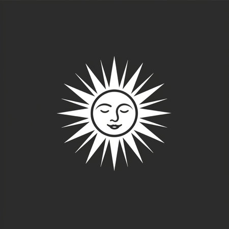 A graphic illustration of a stylized sun face with closed eyes, radiating sharp beams against a solid dark backdrop. A symbol of warmth and light.の素材