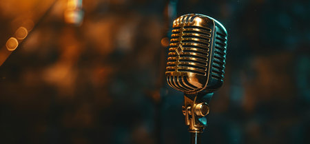 A classic gold and black retro microphone with a stand is showcased in a studio setting with soft, blurred background lights.の素材