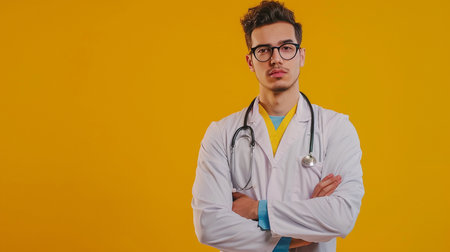 A focused male doctor in a white coat and glasses stands with crossed arms, a stethoscope around his neck, against a vibrant yellow backdrop.の素材
