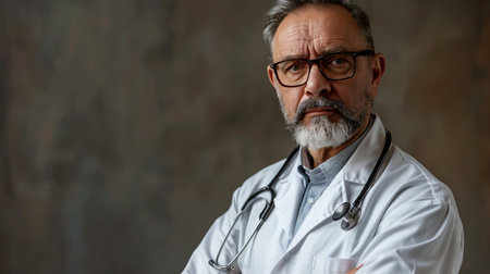 Professional middle-aged male doctor with glasses and gray beard, wearing a white lab coat and stethoscope, looking intently at the viewer.の素材