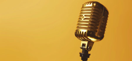 A shiny golden vintage microphone displayed on a plain yellow background, perfect for music, performance, and broadcasting themes.の素材