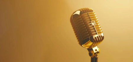 A classic gold retro microphone stands out against a soft yellow gradient background, perfect for music and audio themes.の素材