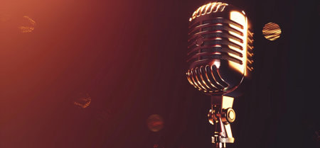 A classic golden vintage microphone is spotlighted against a dark, moody background with soft, glowing bokeh lights, symbolizing music and performance.の素材