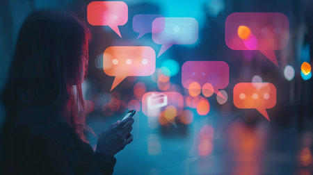 A woman with her phone in hand at night, surrounded by digital chat bubbles, symbolizing online interaction and connection.の素材