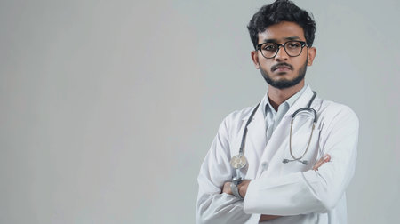 A young Indian male doctor wearing glasses and a stethoscope around his neck, arms crossed, looking directly at the camera.の素材