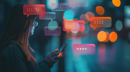 Close-up of a woman texting on her phone at night, surrounded by glowing chat icons and blurred city lights.の素材