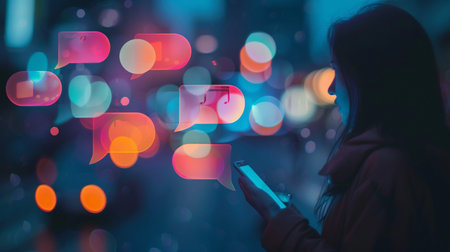 A woman texting on her phone at night, surrounded by glowing digital chat bubbles and abstract bokeh light effects, symbolizing online communication.の素材