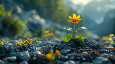 A close-up of a solitary yellow flower growing in a rocky, uneven landscape, with a soft, blurred background.の素材