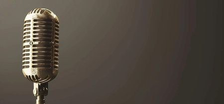 A classic gold vintage microphone, perfect for studio recording and music production, presented on a dark grey backdrop.の素材