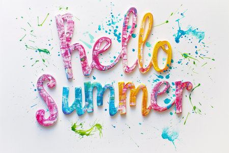Hand-painted wooden letters spelling "Hello Summer" with artistic paint splatters and splashes. Bright and festive design on a white background.の素材