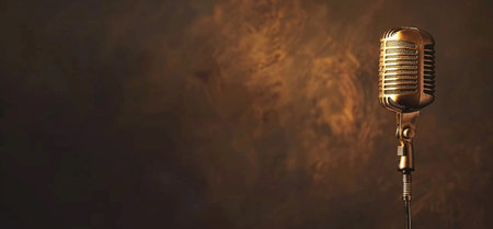 A classic retro golden microphone stands on a dark background with atmospheric smoke, evoking a sense of nostalgia and performance.の素材