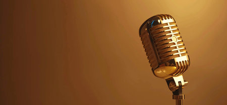 A classic gold retro microphone is illuminated by a spotlight on a warm brown gradient background. Perfect for audio recording.の素材