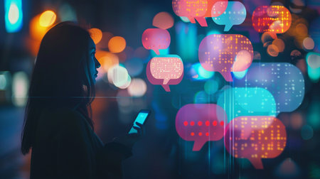 Silhouette of a woman holding a smartphone at night, surrounded by glowing digital chat bubbles and blurred city lights.の素材