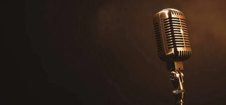A classic retro gold microphone stands on a stand against a dark, textured backdrop, illuminated by a dramatic spotlight.の素材