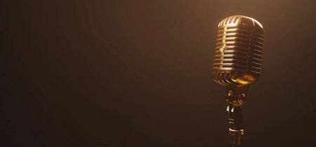A close-up, side profile of a vintage gold microphone, illuminated by a dramatic spotlight against a dark, moody brown background.の素材