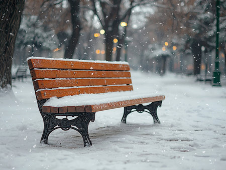 A wooden park bench sits empty, blanketed in fresh snow, amidst a quiet winter snowfall in a park setting.の素材