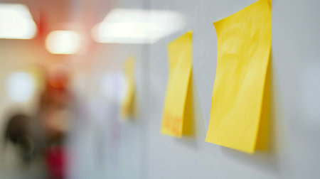 Bright yellow sticky notes attached to a white wall, with a blurred office background and soft lighting.の素材