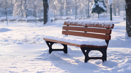 A snow-covered park bench in a tranquil winter landscape, bathed in soft sunlight, evoking a sense of peace and quiet.の素材