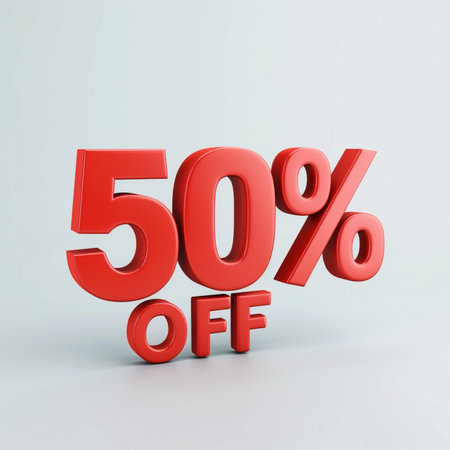A bold 3D graphic displaying '50% OFF' in a vibrant red color, ideal for sales and discount promotions.の素材