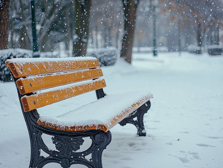 A quiet park bench sits dusted with snow, surrounded by trees and falling snowflakes in a peaceful winter scene.の素材