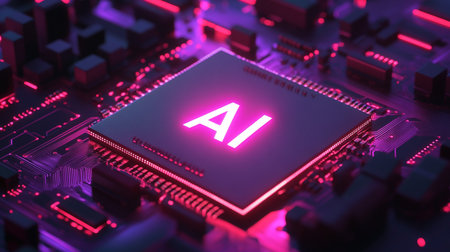 Futuristic AI processor chip with neon lights on a circuit board, representing artificial intelligence and advanced digital technology.の素材