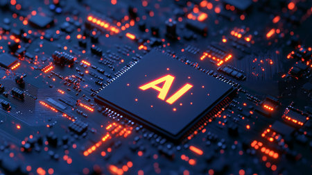 Futuristic AI chip on a circuit board with glowing orange lights, symbolizing artificial intelligence and modern technology.の素材