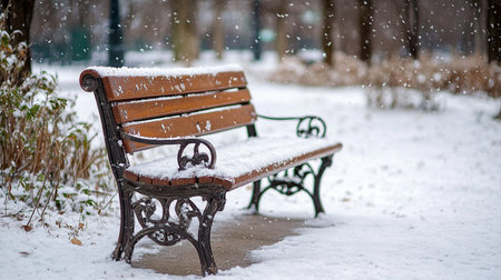 A wooden and metal park bench is dusted with fresh snow, with snowflakes falling gently in a quiet winter park setting.の素材