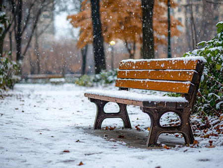A tranquil scene of a snow-covered park bench amidst a quiet winter snowfall, with fallen autumn leaves nearby.の素材