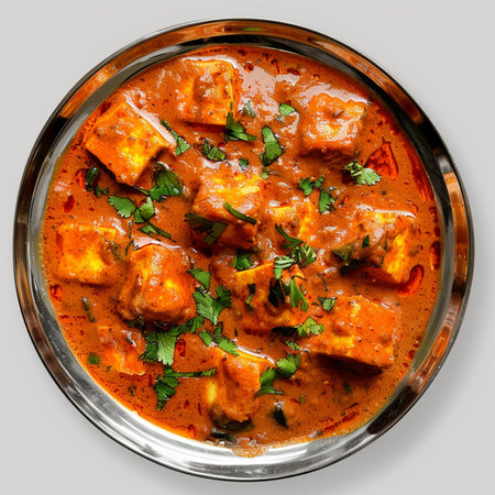 A close-up, top-down view of authentic Indian Paneer Butter Masala served in a metal bowl, richly garnished with fresh coriander leaves.の素材