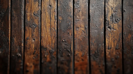 Detailed view of aged wooden boards with visible grain and distressed black coating, highlighting texture and decay.の素材