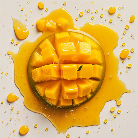 Top view of cut mango fruit with cubes and scattered juice droplets, highlighting its vibrant color and juicy texture on a clean surface.の素材