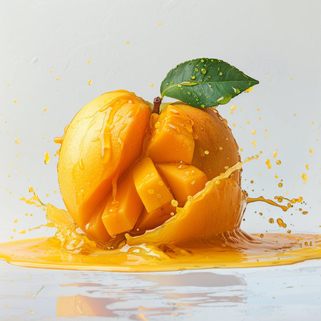 A vibrant, halved mango with its flesh cut into cubes, dramatically splashing into a pool of its own juice, garnished with a fresh green leaf.の素材