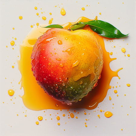 A juicy, ripe mango with red, orange, and green hues, covered in water droplets, splashes into a pool of vibrant orange liquid.の素材