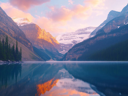Tranquil mountain lake reflects snow-capped peaks and lush pine forest during a vibrant sunrise with colorful clouds.の素材