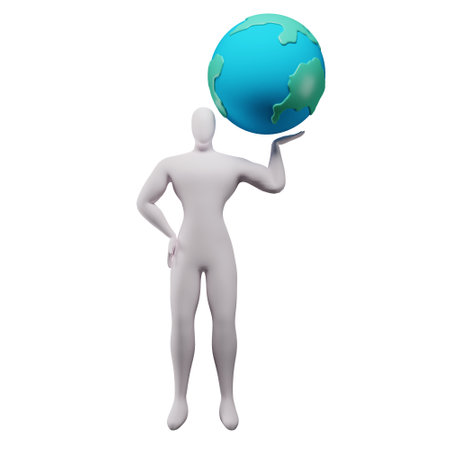 3d illustration of a stickman making the earth float with his left hand.の写真素材