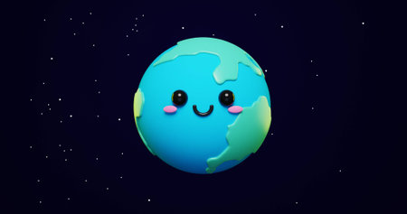 Adorable and Cute 3d Cartoon planet Earth on space stars background. International Mother Earth Day banner or poster. Happy Earth Day conceptual backgroundの写真素材