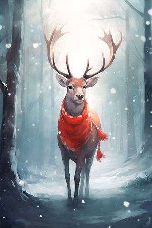 Cute cartoon christmas deer with red scarf. Santa reindeer with horns in snowy magic forest. Xmas reindeer character in the north. artificial intelligence generated.の素材