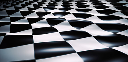 Groovy psychedelic wavy chessboard background. Checker retro psychedelic texture. Abstract black and white background. Hippie twisted gingham checkerboard pattern. artificial intelligence generated.の素材