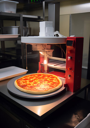 3D printer print pizza. Cooking device of the future for making food. home future technology. Realistic composition with process 3d printing of pizza imitation. artificial intelligence generated.の素材